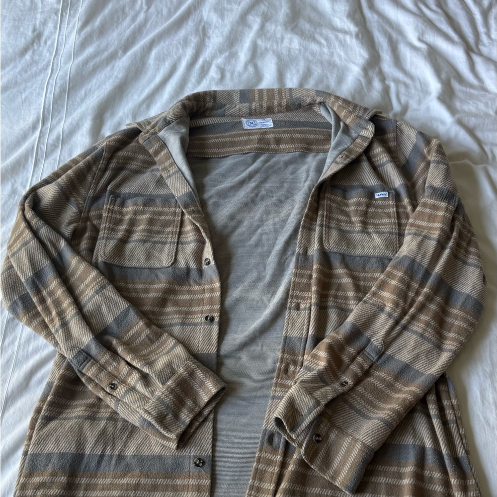 Hurley Men's Tan and Gray Plaid Shirt Jacket